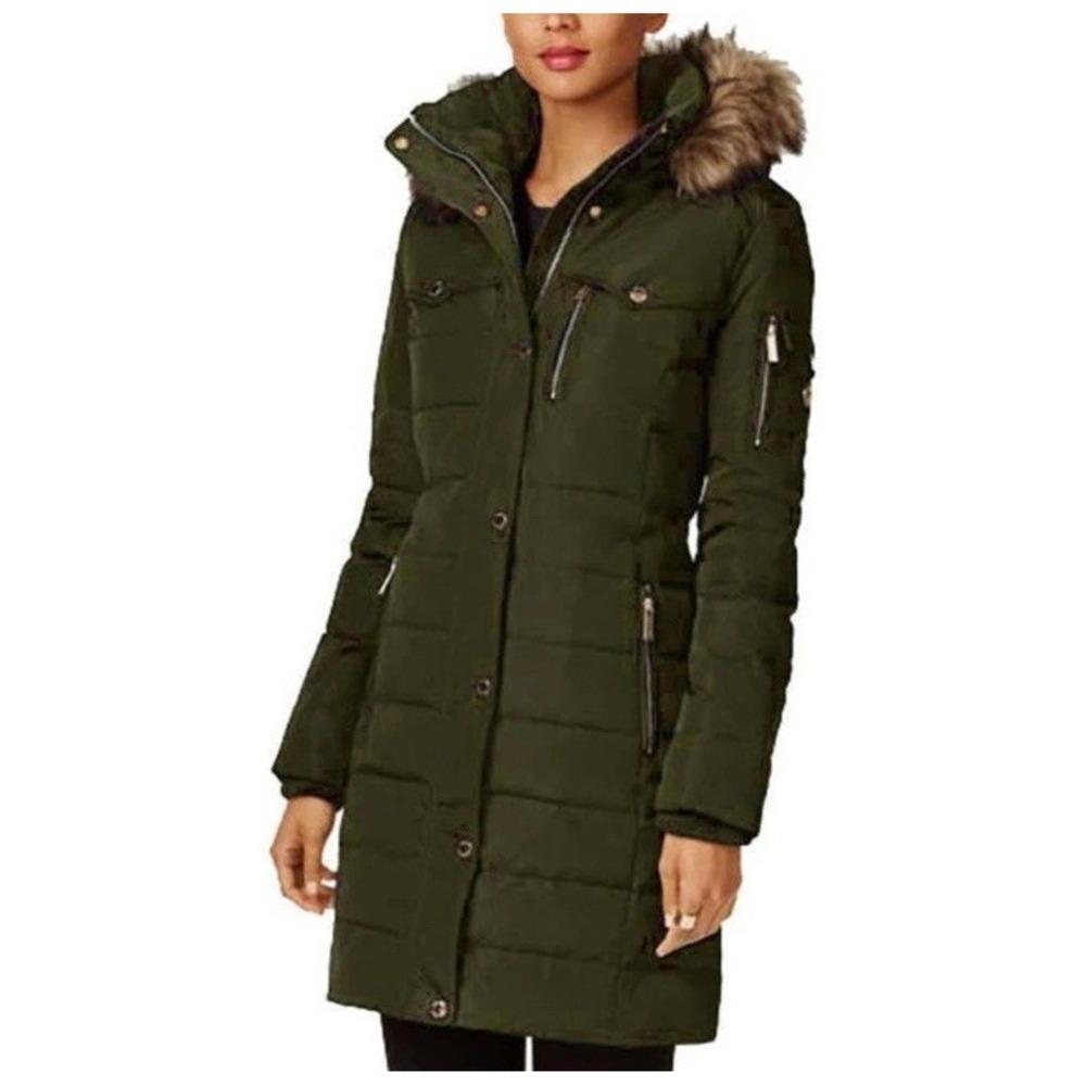 Michael Michael Kors Women's Faux Fur Hooded Puffer Coat Petite Medium Dark Moss